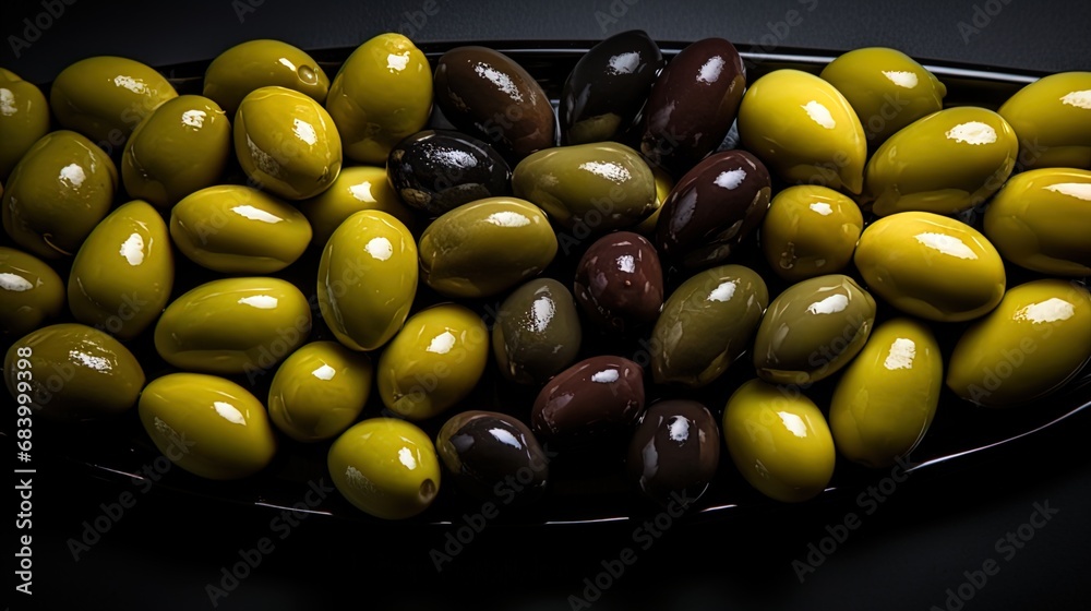 A shot of olives laid out against a dark background A shot of olives laid out against a dark background