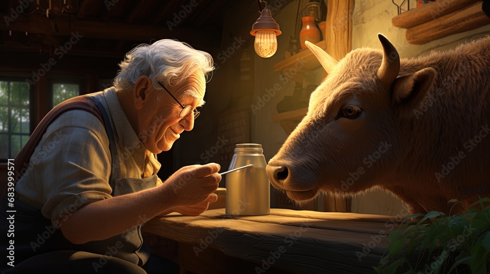 Grandparents on the farm: caring for animals and household chores - obrazy, fototapety, plakaty 