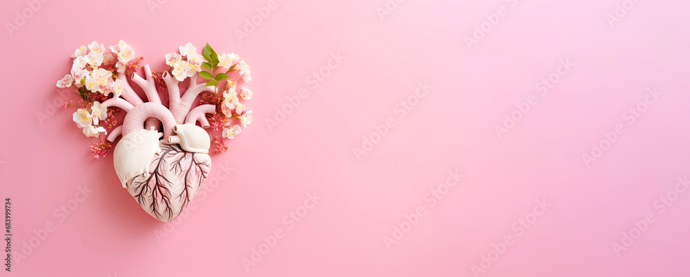 World Cardiology Day. Heart in flowers on pink background with copy space for text