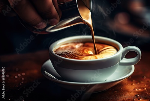 Creating latte art in a steaming coffee cup