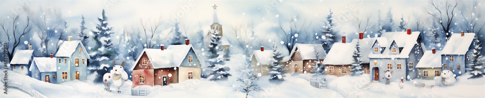 Watercolor Painting, Cute Christmas Winter Town, Generative AI Watercolor Painting, Cute Christmas Winter Town, Generative AI