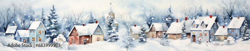 Watercolor Painting, Cute Christmas Winter Town, Generative AI