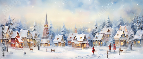 Watercolor Painting  Cute Christmas Winter Town  Generative AI