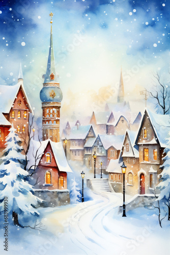 Watercolor Painting, Cute Christmas Winter Town, Generative AI © HRTNT Media