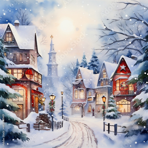 Watercolor Painting, Cute Christmas Winter Town, Generative AI © HRTNT Media