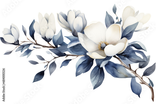 Navy blue Magnolia flower png, horizontal ivory and blue floral arrangement watercolor illustration isolated with a transparent background,  blossom flowers design photo