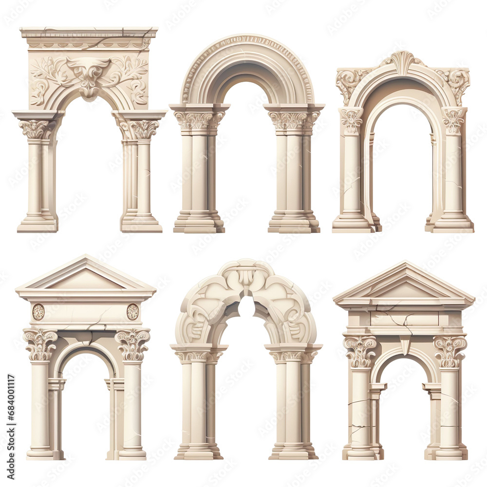 Hyper realistic Elements of the architecture of buildings, ancient arches and columns, stucco and patterns isolated on transparent background.