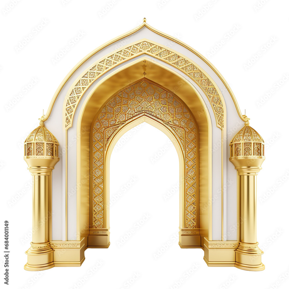 Mosque Architectural gold color arch isolated on transparent background. - obrazy, fototapety, plakaty 