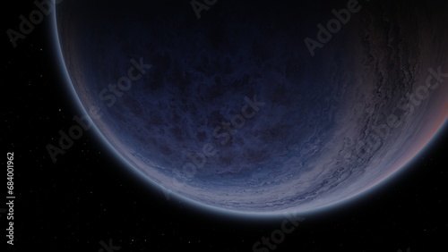 Giant gas planet in deep dark outer space. Artistic concept 3D illustration of big Jupiter-like alien exoplanet. Space exploration and planetary science discovery of inhabitable extrasolar gas planet