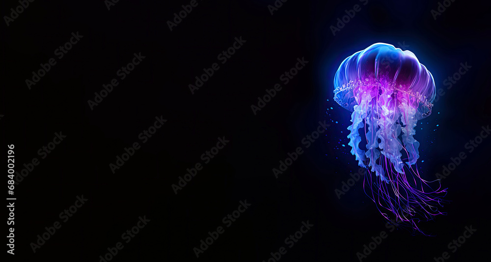 Concept of the underwater world. Beautiful glowing jellyfish at depth