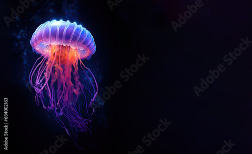  Beautiful glowing jellyfish at depth. The concept of the underwater world and the ecology of the ocean