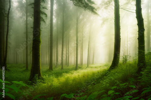 View of the summer nature of the wild forest in the morning. Blurred out of focus background. Created using generative AI tools