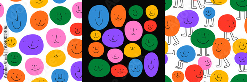 Diverse colorful people crowd seamless pattern illustration set. Funny cartoon characters in cute children doodle style. Friendly community, kid emotion psychology background collection.