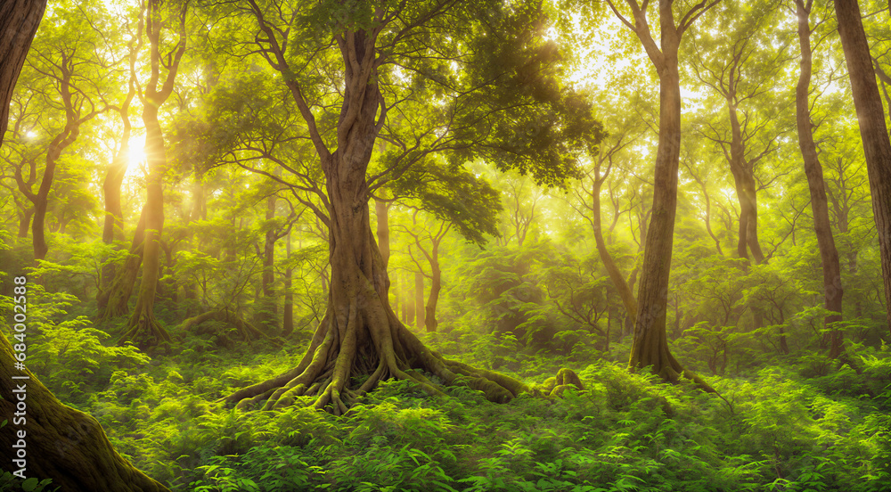 Obraz premium Magical forest with sunny light through the branches of trees. Wooded area with plants, moss and grass. Created using generative AI tools