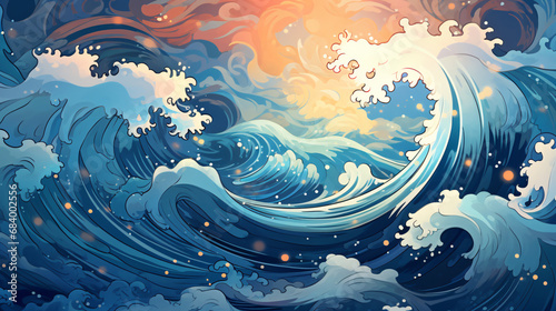 Hokusai style rough sea ocean waves background. Abstract Japanese wave wallpaper. Generative ai photo