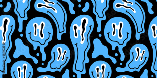 Funny melting smiling happy face colorful cartoon seamless pattern. Retro psychedelic drug effect smile icon background texture. Trendy character doodle wallpaper.