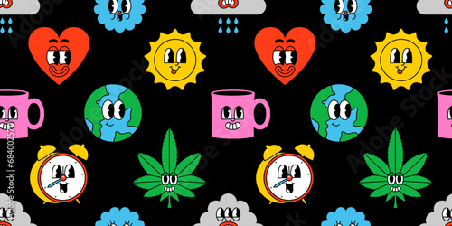 Trendy psychedelic sticker seamless pattern in vintage cartoon style. Retro art character label background illustration. Funny colorful groovy print with earth planet, sun, flower.