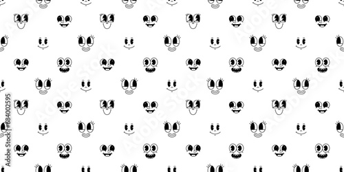 Funny retro cartoon character face seamless pattern. Black and white vintage animation art style background. Trendy 50s mascot texture print, facial expression graphic wallpaper drawing.