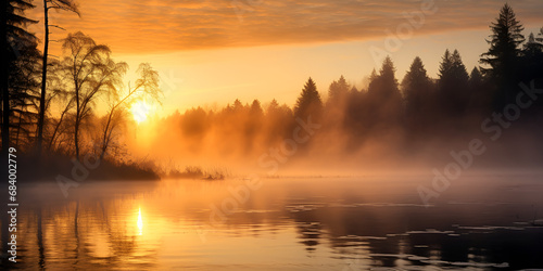 sunrise over the river, Afogy morning and sunshine on the water ,