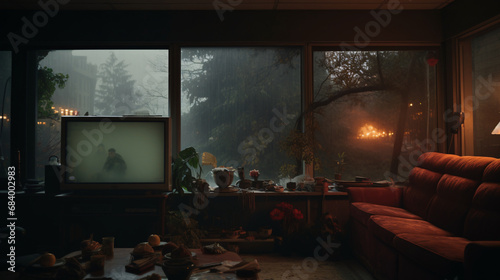 Warm and comfortable living room interior, with a futuristic design. Generative ai