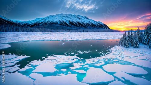 Winter landscape - view of a winter frozen lake in a mountainous area after a snowfall. Created using generative AI tools