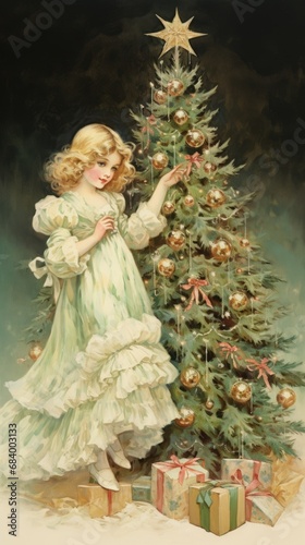 vintage card xmas christmas tree and girl, ai