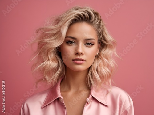 Portrait of a female cool model against pink background with blonde hair.