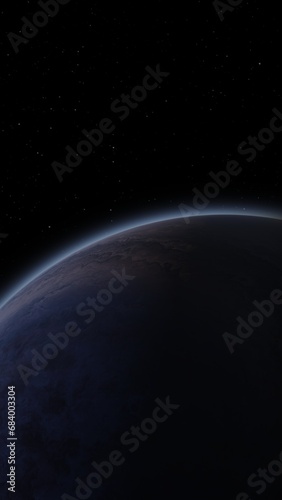 Giant gas planet in deep dark outer space. Artistic concept 3D illustration of big Jupiter-like alien exoplanet. Space exploration and planetary science discovery of inhabitable extrasolar gas planet