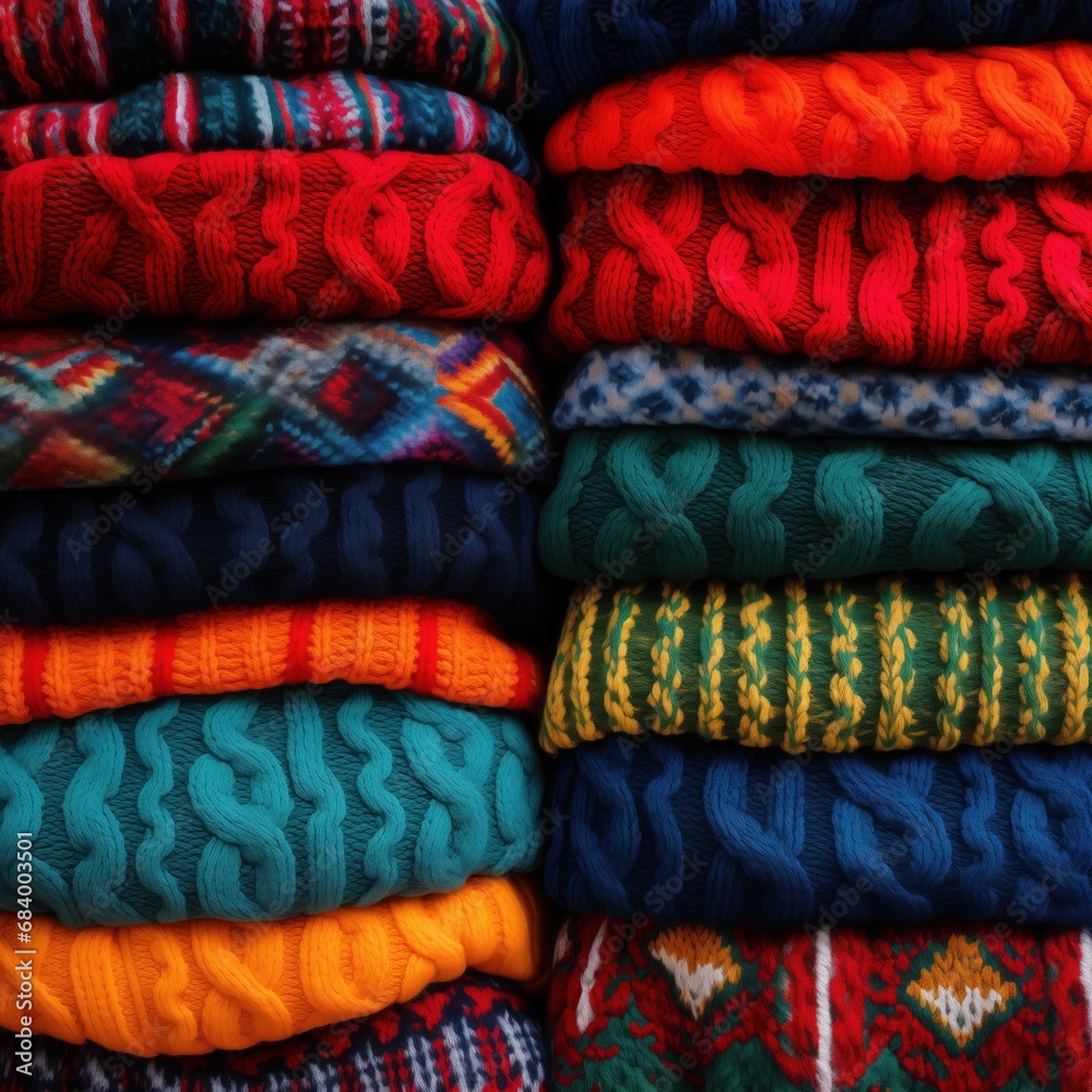 a colorful array of knitted winter sweaters with intricate patterns piled up, variety of vibrant colors and traditional designs, conveying the warmth and comfort associated with the holiday season