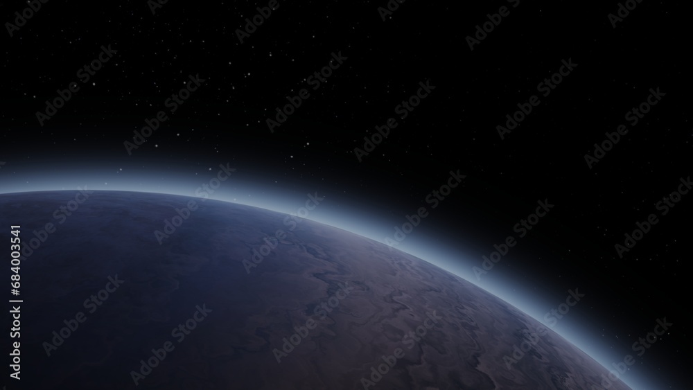 Giant gas planet in deep dark outer space. Artistic concept 3D illustration of big Jupiter-like alien exoplanet. Space exploration and planetary science discovery of inhabitable extrasolar gas planet