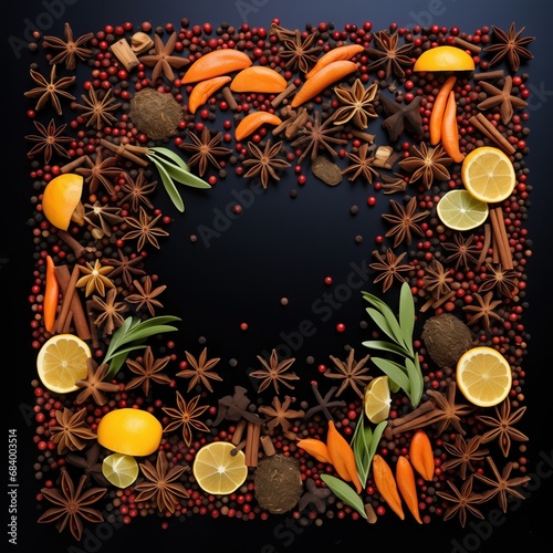 A creative flatlay of assorted spices and herbs forms a frame, with a central void, on a dark background, highlighting the rich colors and shapes.