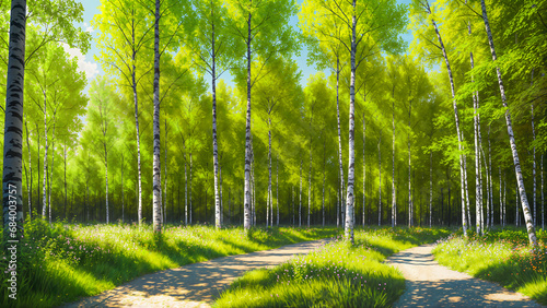 Birch grove with a country road on sunny summer day. Created using generative AI tools