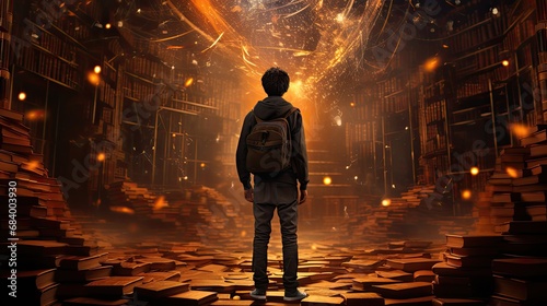 chłopak stojący przodem do płonącej biblioteki