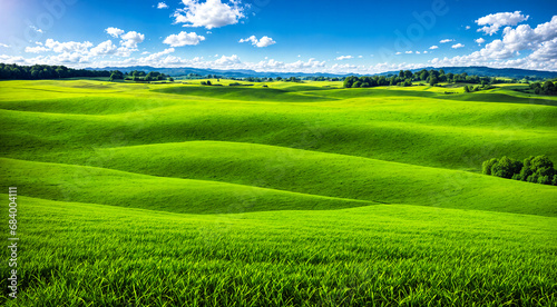 Beautiful green valley with green fields and hills. Natural summer background, nature landscape wallpaper. Created using generative AI tools