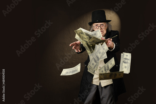 Modern times Scrooge trying to catch dollar bills, in front of a one-spot background