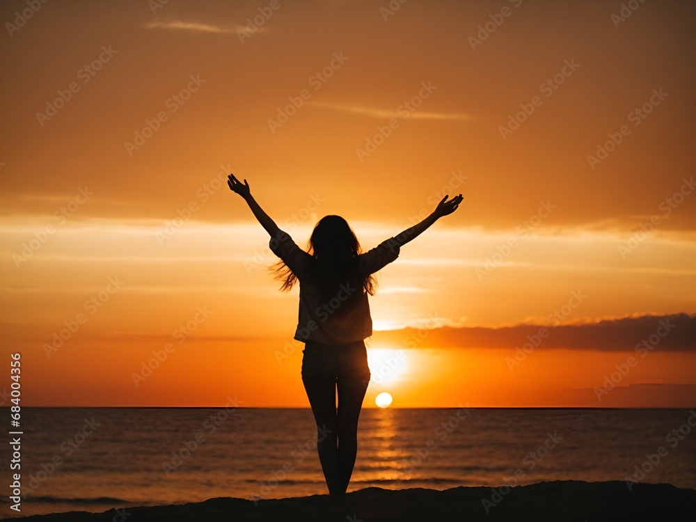 Black silhouettes in front of an orange sunset of a woman who, in a relaxed pose, puts her arms in the air and lifts her head into the last rays of sunshine of the day.