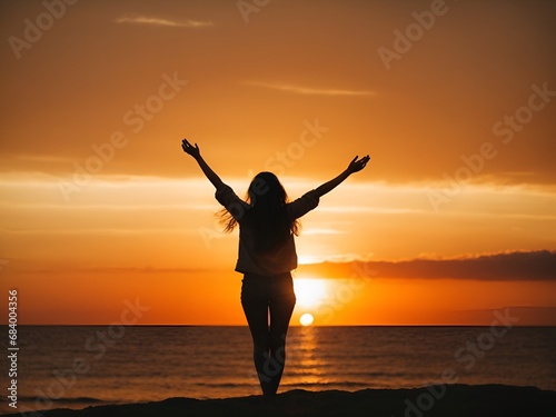 Black silhouettes in front of an orange sunset of a woman who  in a relaxed pose  puts her arms in the air and lifts her head into the last rays of sunshine of the day.