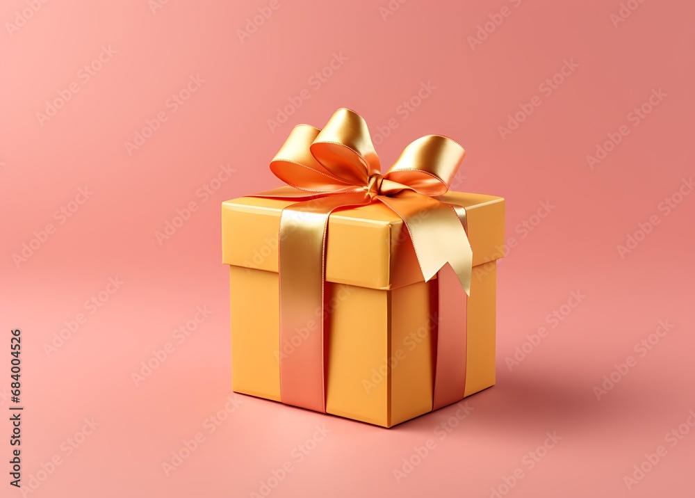 Golden gift box with red bow on orange background. 3d render
