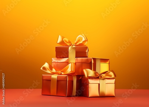 Gift boxes with golden bows on orange background. 3d render