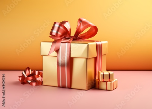 Gift box with gold bow on pink background. 3d render