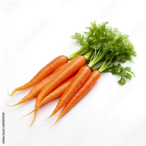 Carrot with fresh green leaves, vibrant orange color, and a smooth texture, isolated on a white background. Perfect for healthy lifestyle themes, culinary uses, and representing organic