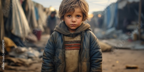 Civilian refugee affected from aggression of war and battle escape city from war zone which has no little comeliness photo