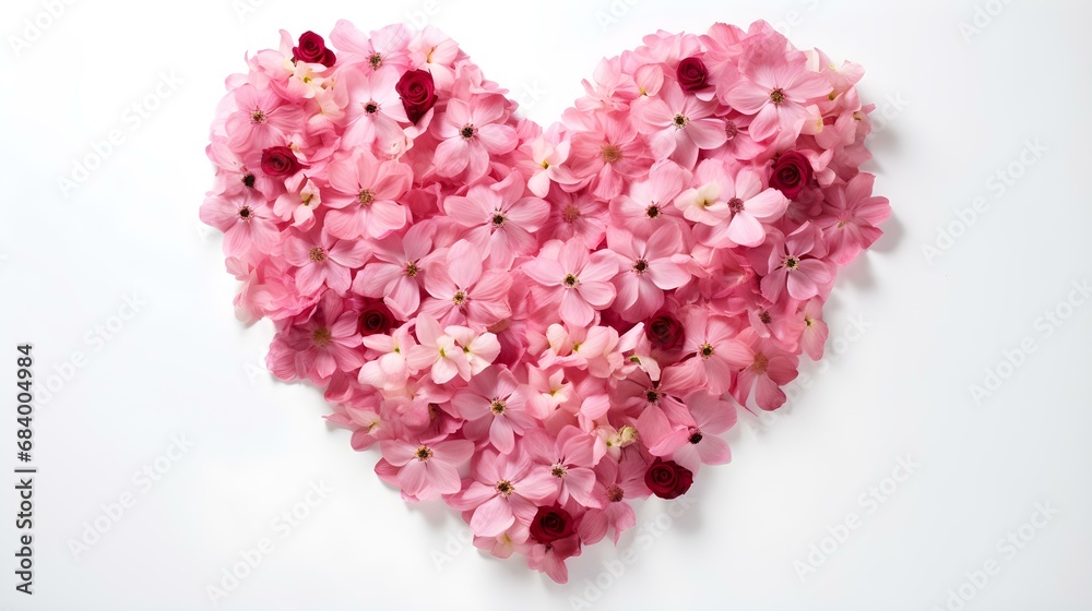 Obraz premium Heart-Shaped Arrangement of Pink Flowers on White Background