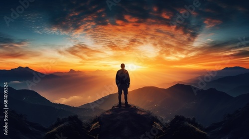 business male stand and feel happy on the most hight on the mountain, hiking, success, cliff, peak, business, success, successful, goal, victory, achievement, motivation, . © Space_Background