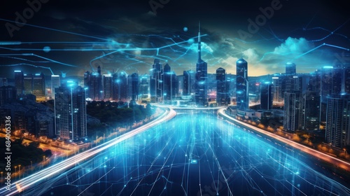 Modern city with high speed internet connection technology  can be used for display or montage your products  business  skyscraper  skyline  digital  connect  communication  network