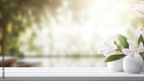 white Wooden table on blurred spa bench background, Advertisement, Print media, Illustration, Banner, for website, copy space, for word, template, presentation © Space_Background