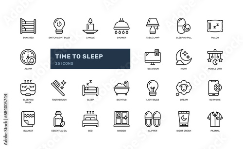 sleep related and activity everyday for bed time relax rest detailed outline line icon set photo