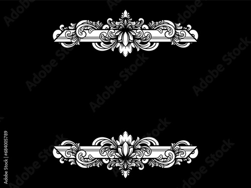 a black and white floral frame on a black background