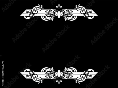 a black and white floral frame on a black background