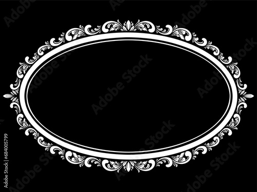 a black and white floral frame on a black background